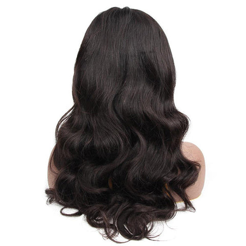 VSHOW Long Wavy Hair Body Wave Human Hair None Lace Wigs with Bangs