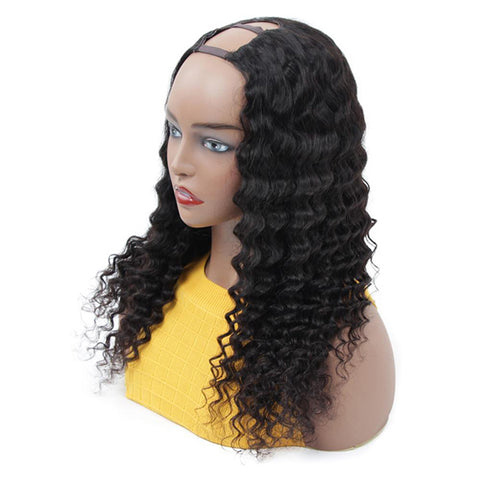 VSHOW HAIR None Lace Wigs Deep Wave Human Hair U Part Wigs Natural Color