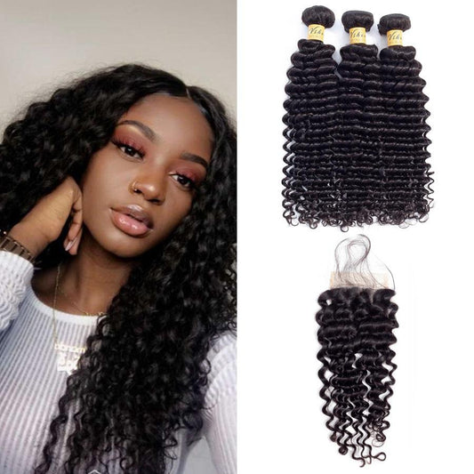 VSHOW HAIR Premium 9A Indian Human Virgin Hair Deep Wave 3 Bundles with Pre Plucked Closure Deal Natural Black