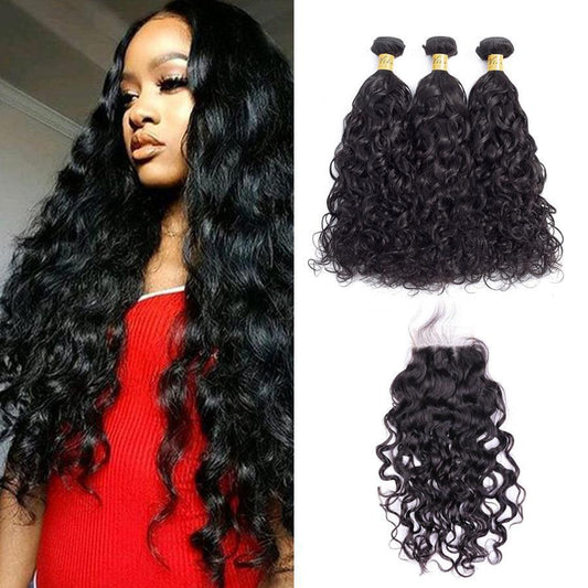 VSHOW HAIR Premium 9A Indian Human Virgin Hair Natural Wave 3 Bundles with Pre Plucked Closure Deal Natural Black