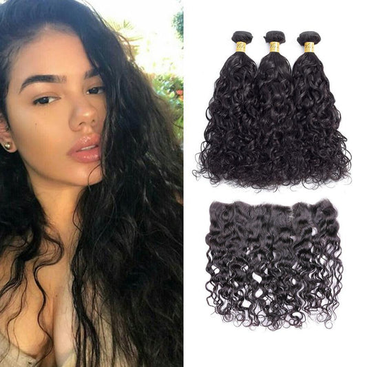 VSHOW HAIR Premium 9A Indian Human Virgin Hair Natural Wave 3 Bundles with Pre Plucked 13x4 Frontal Natural Black