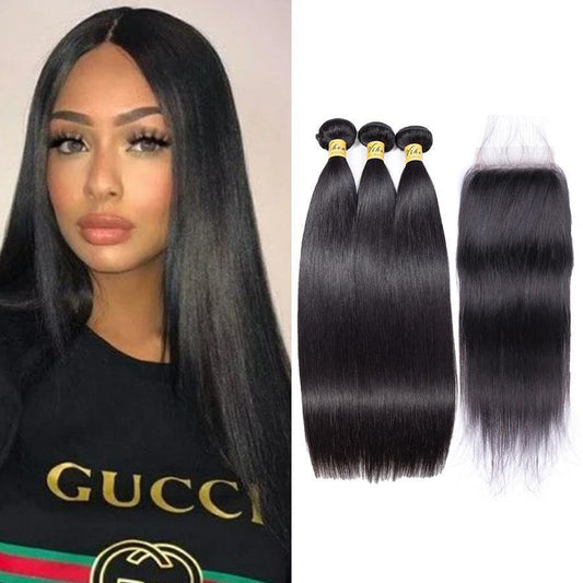 VSHOW HAIR Premium 9A Indian Human Virgin Hair Straight 3 Bundles with Pre Plucked Closure Deal Natural Black