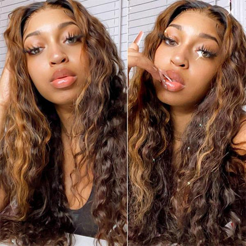 VSHOW Blonde Highlights On Brown Hair Loose Deep Wave Colored Lace Front Wigs Highlights Hair Color