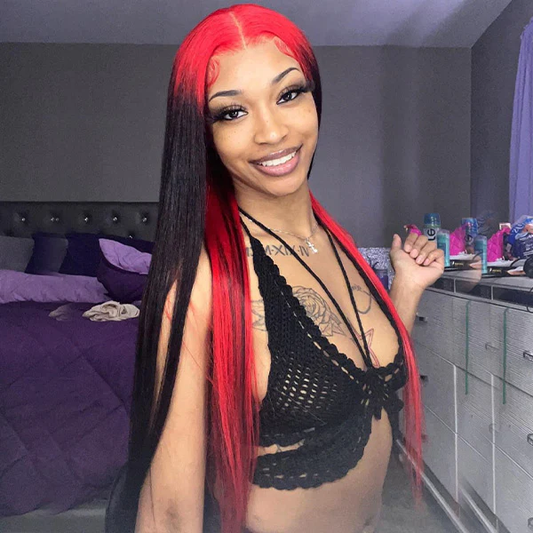 VSHOW Black Hair And Red Color Underneath Two Colors Sraight Hair Peekaboo Wigs