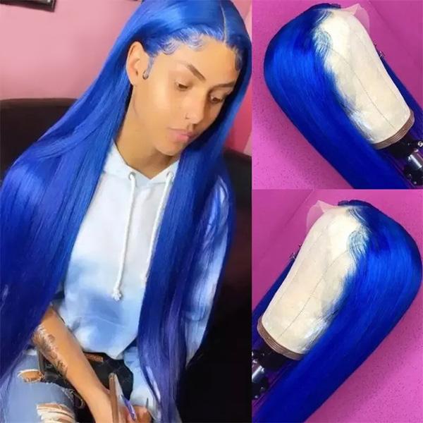 Blue Lace Front Wig Balayage Straight Hair Color Real Human Hair