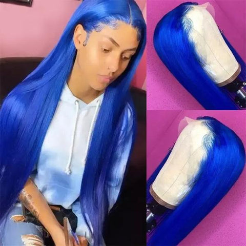 VSHOW Blue Hair Color Balayage Straight Hair Lace Front Wigs Color Real Human Hair Wigs
