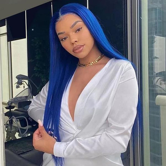 VSHOW Blue Hair Color Balayage Straight Hair Lace Front Wigs Color Real Human Hair Wigs