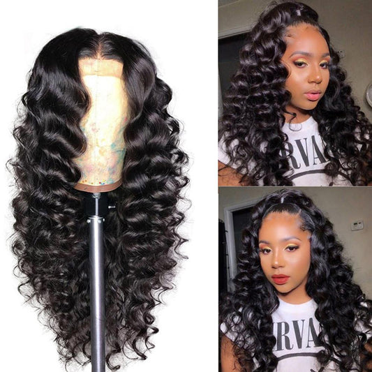 VSHOW 4x4 Loose Deep Wave Lace Closure Wigs Long Curly Human Hair Wigs Natural Black