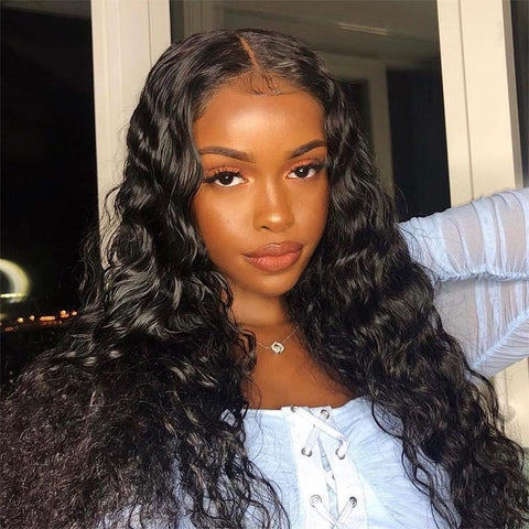 VSHOW 4x4 Loose Deep Wave Lace Closure Wigs Long Curly Human Hair Wigs Natural Black