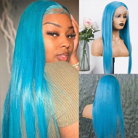 VSHOW Lake Blue Color Straight Hair Lace Front Wigs Real Human Hair Wigs