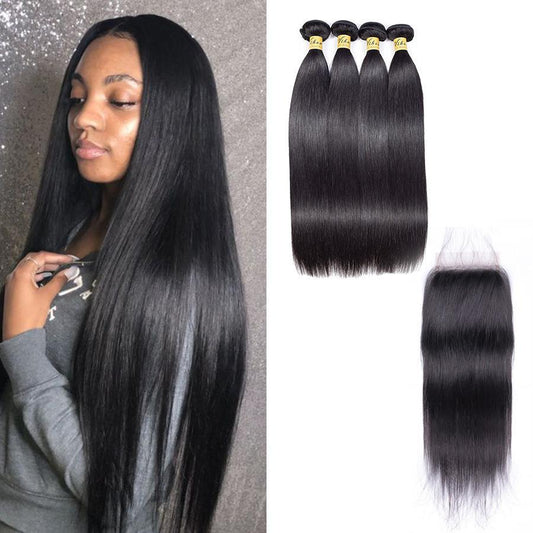 VSHOW HAIR Premium 9A Malaysian Virgin Human Hair Straight 3 or 4 Bundles with Closure Popular Sizes