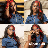 VSHOW Red Skunk Stripe Hair Lace Front Wig Transparent Lace Front Human Hair Wigs Flat Iron Curls