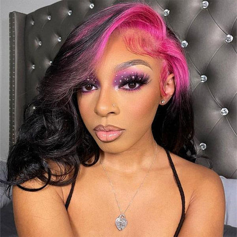 VSHOW Sparkle Pink Roots Black Color Wig 13x4 Transparent Lace Front Human Hair Wigs Flat Iron Curls
