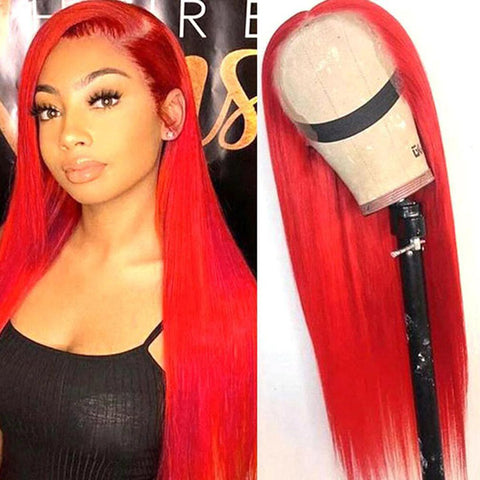 VSHOW Bright Red Color Straight Hair Lace Front Human Hair Wigs Popular Color Wigs