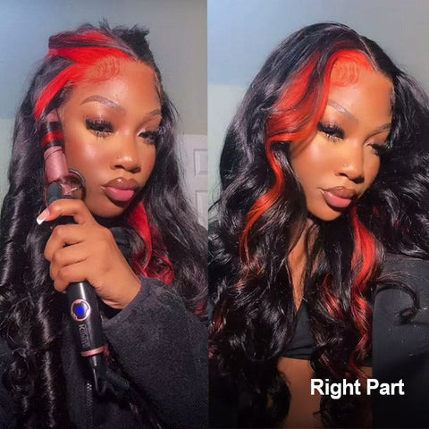 VSHOW Red Skunk Stripe Hair Lace Front Wig Transparent Lace Front Human Hair Wigs Flat Iron Curls