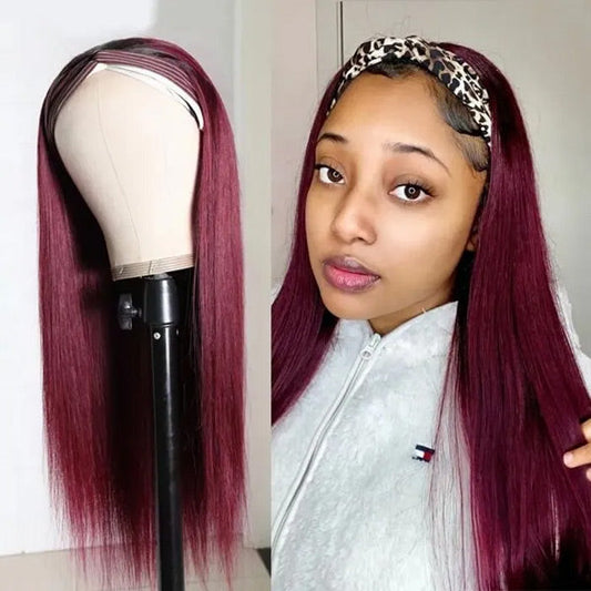 VSHOW HAIR Premium Burgundy 99J Straight Hair Headband Wigs 180% Density Glueless None Lace Wig