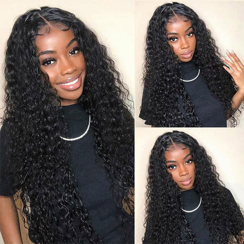 VSHOW Water Wave Human Hair Wigs 5x5 Lace Closure Wigs Curly Style Natural Black