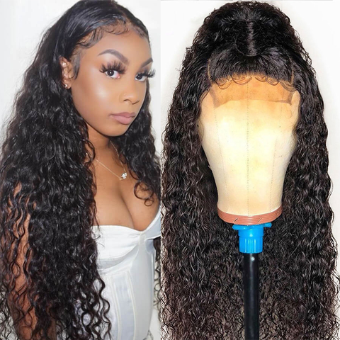 VSHOW Water Wave Human Hair 4x4 Lace Closure Wigs Curly Lace Wigs Natural Black