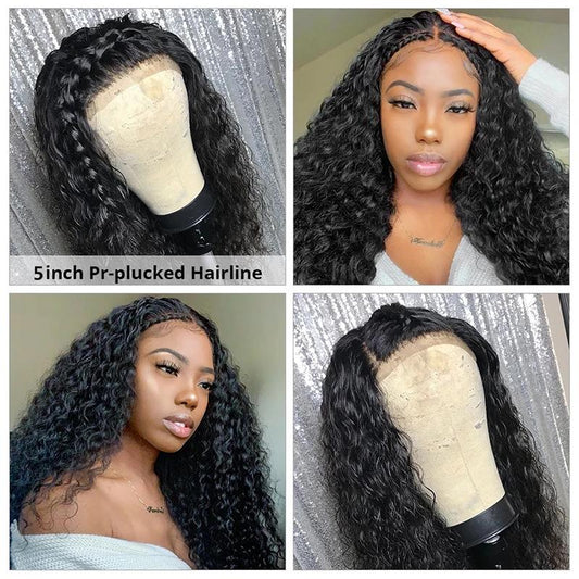 VSHOW Water Wave Human Hair Wigs 5x5 Lace Closure Wigs Curly Style Natural Black