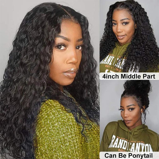 VSHOW Water Wave Human Hair 4x4 Lace Closure Wigs Curly Lace Wigs Natural Black