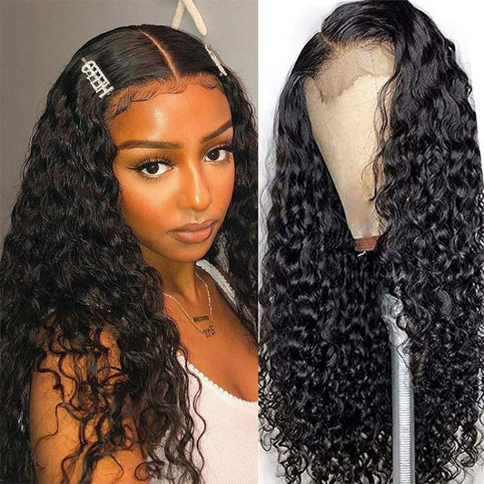 VSHOW Water Wave Human Hair 4x4 Lace Closure Wigs Curly Lace Wigs Natural Black