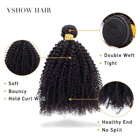 VSHOW HAIR Premium 9A Indian Virgin Human Hair Afro Curly 3 or 4 Bundles with Closure Popular Sizes