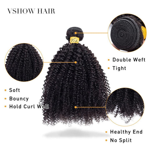 VSHOW HAIR Premium 9A Malaysian Human Virgin Hair Afro Curly Natural Black 4 Bundles Deal