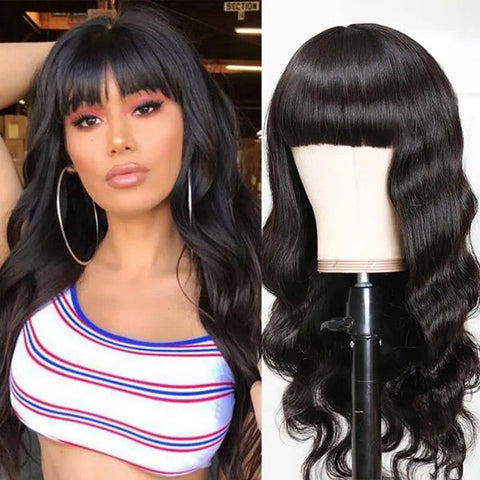VSHOW Machine Made Full Wigs Body Wave Human Hair None Lace Wigs with Bangs