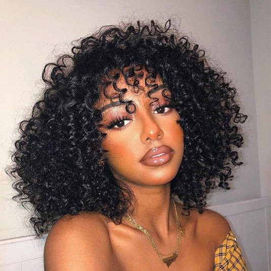 VSHOW Stunning Look Bob Kinky Curly Human Hair Wigs with Bangs Natural Black