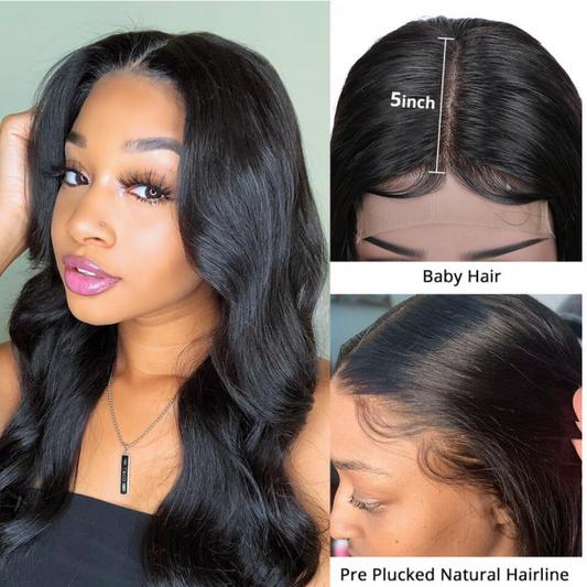 VSHOW Body Wave Human Hair 5x5 Lace Closure Wigs Natural Black Pre Plucked with Baby Hair