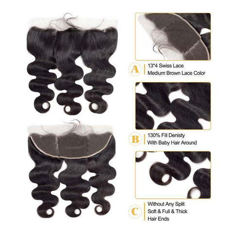 VSHOW HAIR Premium 9A Malaysian Human Virgin Hair Body Wave 3 Bundles with Pre Plucked 13x4 Frontal Natural Black