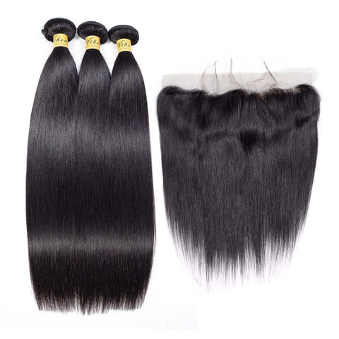 VSHOW HAIR Premium 9A Indian Human Virgin Hair Straight 3 Bundles with Pre Plucked 13x4 Frontal Natural Black