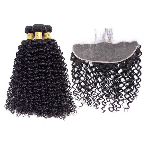 VSHOW HAIR Premium 9A Brazilian Human Virgin Hair Water Wave 3 Bundles with Pre Plucked 13x4 Frontal Natural Black