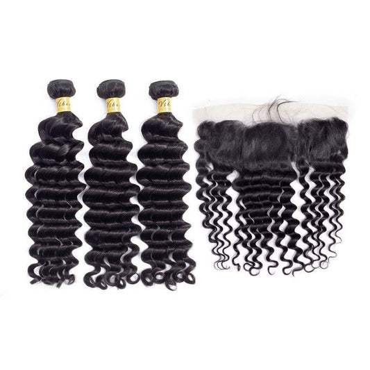 VSHOW HAIR Premium 9A Peruvian Human Virgin Hair Loose Deep Wave 3 Bundles with Pre Plucked 13x4 Frontal Natural Black