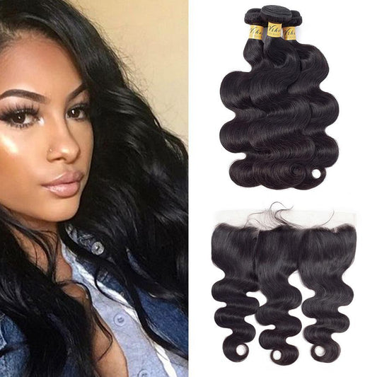VSHOW HAIR Premium 9A Brazilian Human Virgin Hair Body Wave 3 Bundles with Pre Plucked 13x4 Frontal Natural Black