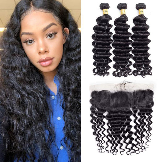 VSHOW HAIR Premium 9A Brazilian Human Virgin Hair Loose Deep Wave 3 Bundles with Pre Plucked 13x4 Frontal Natural Black