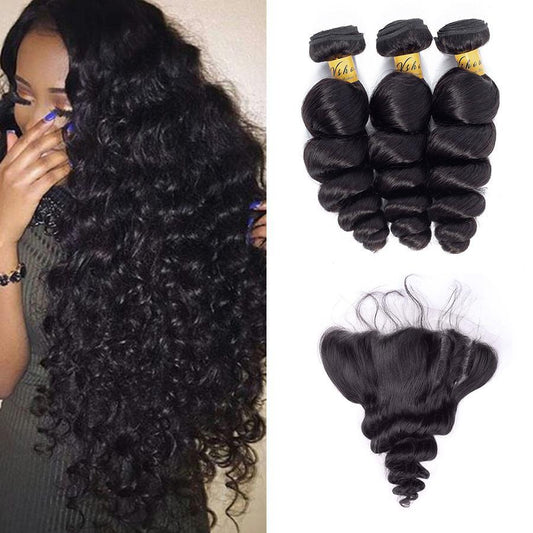 VSHOW HAIR Premium 9A Brazilian Human Virgin Hair Loose Wave 3 Bundles with Pre Plucked 13x4 Frontal Natural Black