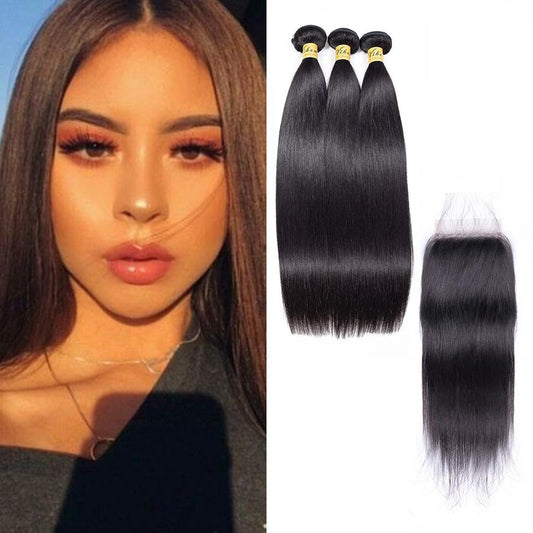 VSHOW HAIR Premium 9A Brazilian Human Virgin Hair Straight 3 Bundles with Pre Plucked Closure Deal Natural Black