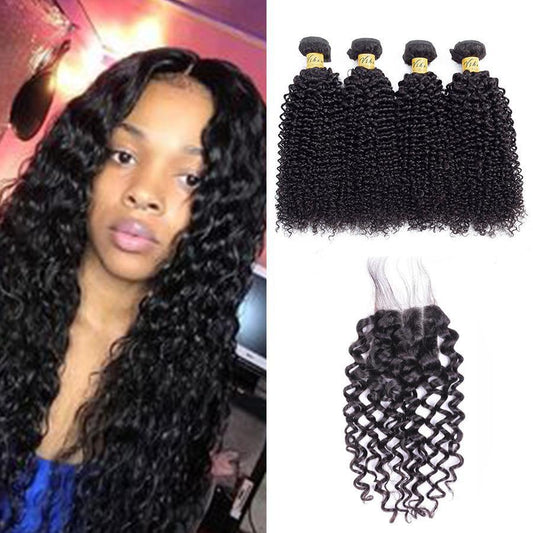 VSHOW HAIR Premium 9A Brazilian Human Virgin Hair Water Wave 4 Bundles with Pre Plucked Closure Deal Natural Black