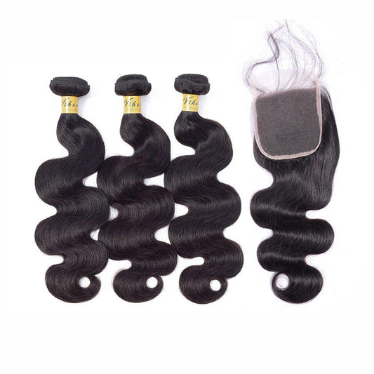 VSHOW HAIR Premium 9A Malaysian Human Virgin Hair Body Wave 3 Bundles with Pre Plucked Closure Deal Natural Black