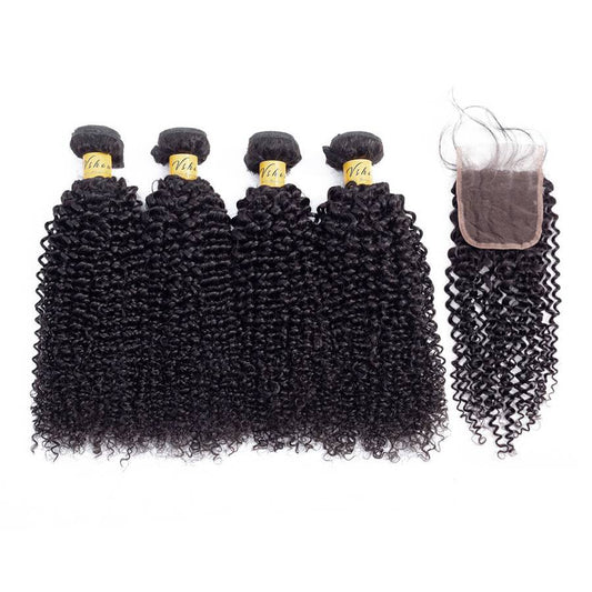 VSHOW HAIR Premium 9A Malaysian Human Virgin Hair Kinky Curly 4 Bundles with Pre Plucked Closure Deal Natural Black