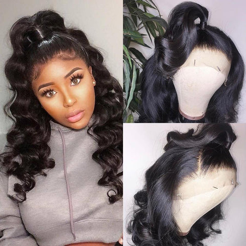 VSHOW Body Wave Human Hair 360 Lace Frontal Wigs Pre Plucked With Natural Hairline Natural Black