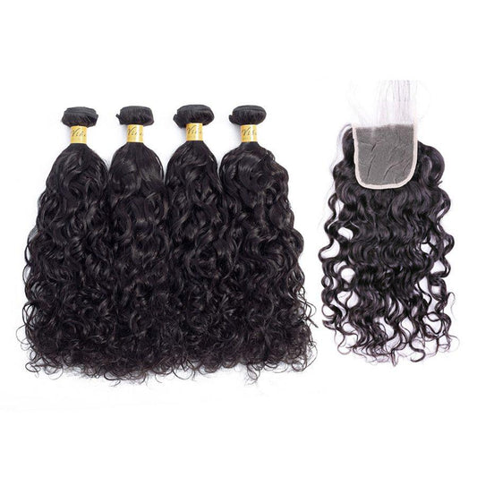 VSHOW HAIR Premium 9A Indian Human Virgin Hair Natural Wave 4 Bundles with Pre Plucked Closure Deal Natural Black