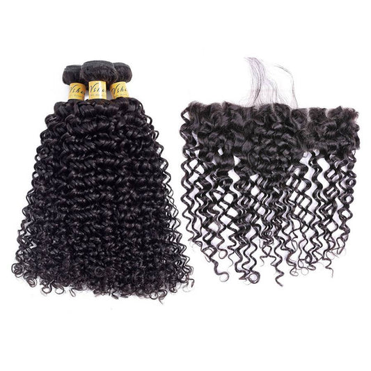 VSHOW HAIR Premium 9A Peruvian Human Virgin Hair Water Wave 3 Bundles with Pre Plucked 13x4 Frontal Natural Black