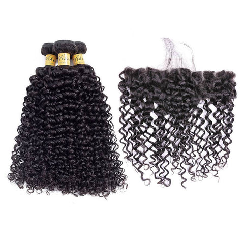 VSHOW HAIR Premium 9A Mongolian Human Virgin Hair Water Wave 3 Bundles with Pre Plucked 13x4 Frontal Natural Black