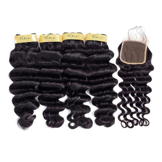 VSHOW HAIR Premium 9A Brazilian Human Virgin Hair Loose Deep Wave 4 Bundles with Pre Plucked Closure Deal Natural Black