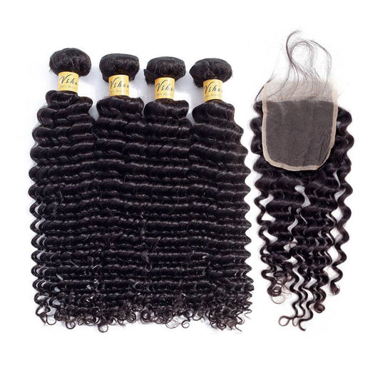 VSHOW HAIR Premium 9A Peruvian Human Virgin Hair Deep Wave 4 Bundles with Pre Plucked Closure Deal Natural Black