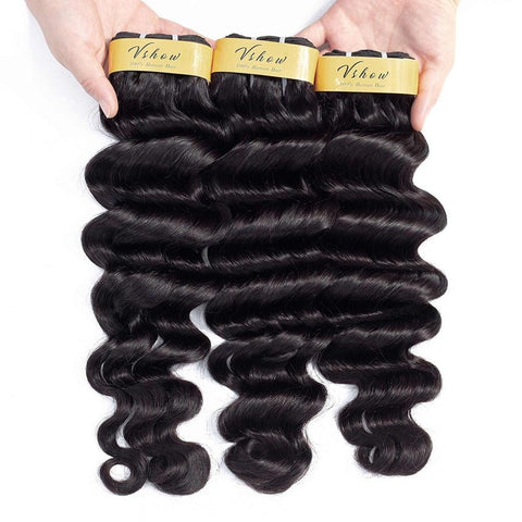 VSHOW HAIR Premium 9A Peruvian Human Virgin Hair Loose Deep Wave Natural Black 3 Bundles Deal