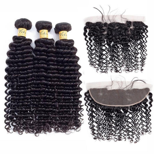 VSHOW HAIR Premium 9A Brazilian Human Virgin Hair Deep Wave 3 Bundles with Pre Plucked 13x4 Frontal Natural Black