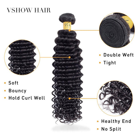 VSHOW HAIR Premium 9A Indian Human Virgin Hair Deep Wave Natural Black 4 Bundles Deal
